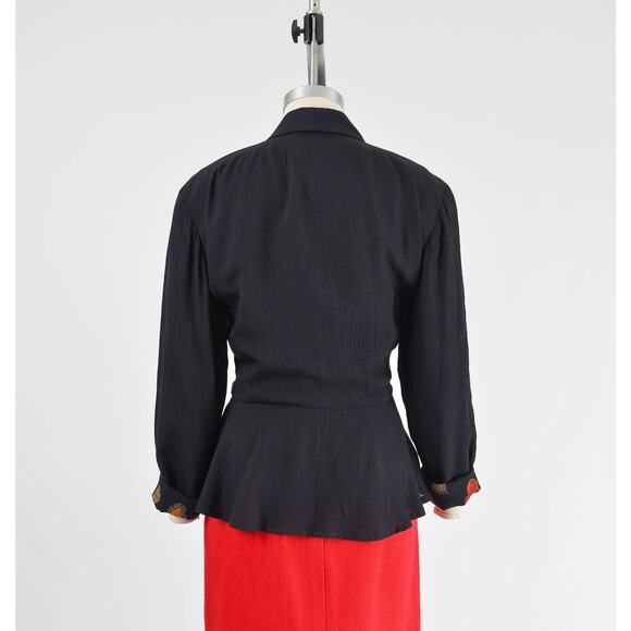 Vintage Carole Little Black Metallic Gold Peplum Jacket Top HEART Buttons M L - Picture 5 of 8